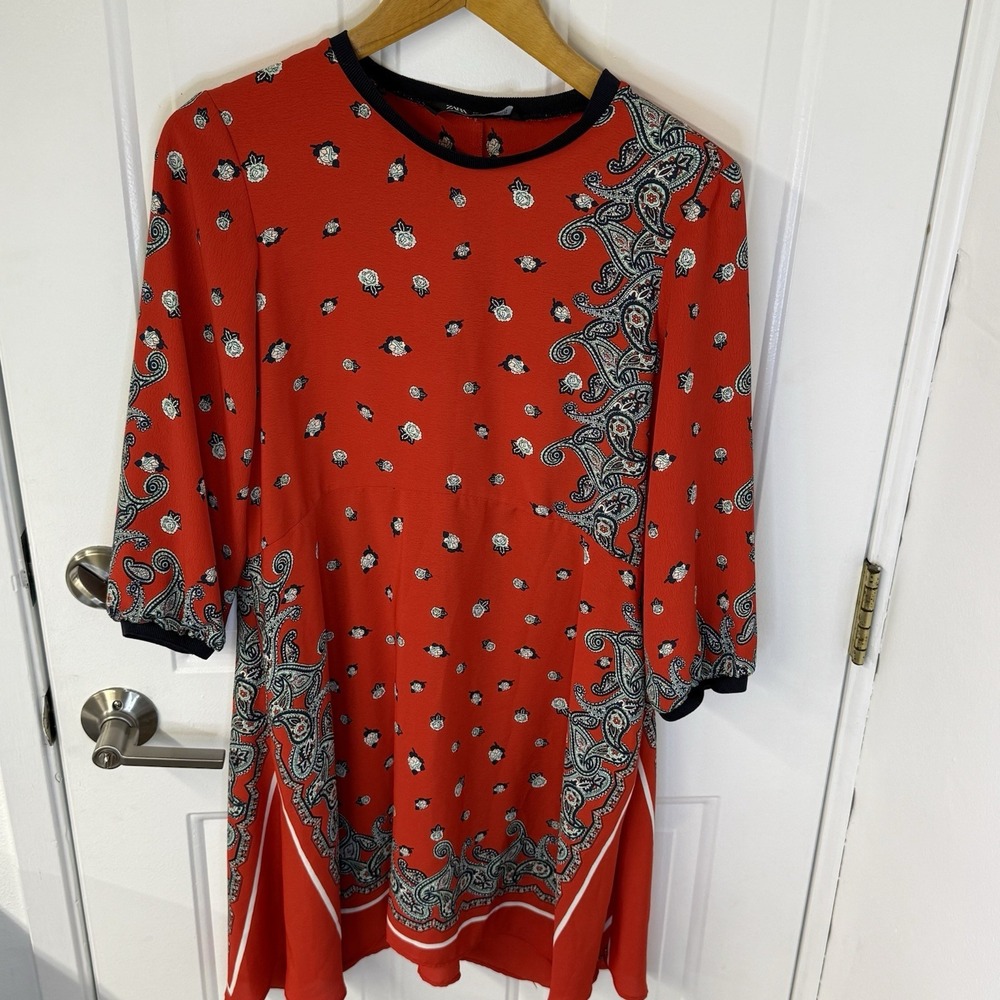 Zara Floral Border Paisley Mini Dress Knit Rib Neck‎ Cuffs Womens Size Small